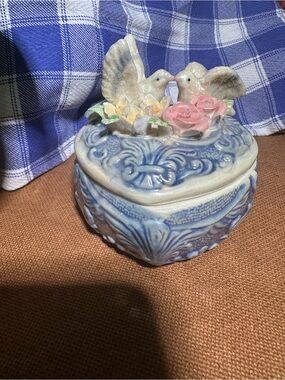 Lusterware Blue Ceramic Heart Trinket Box with Pink Rose & Dove Accent